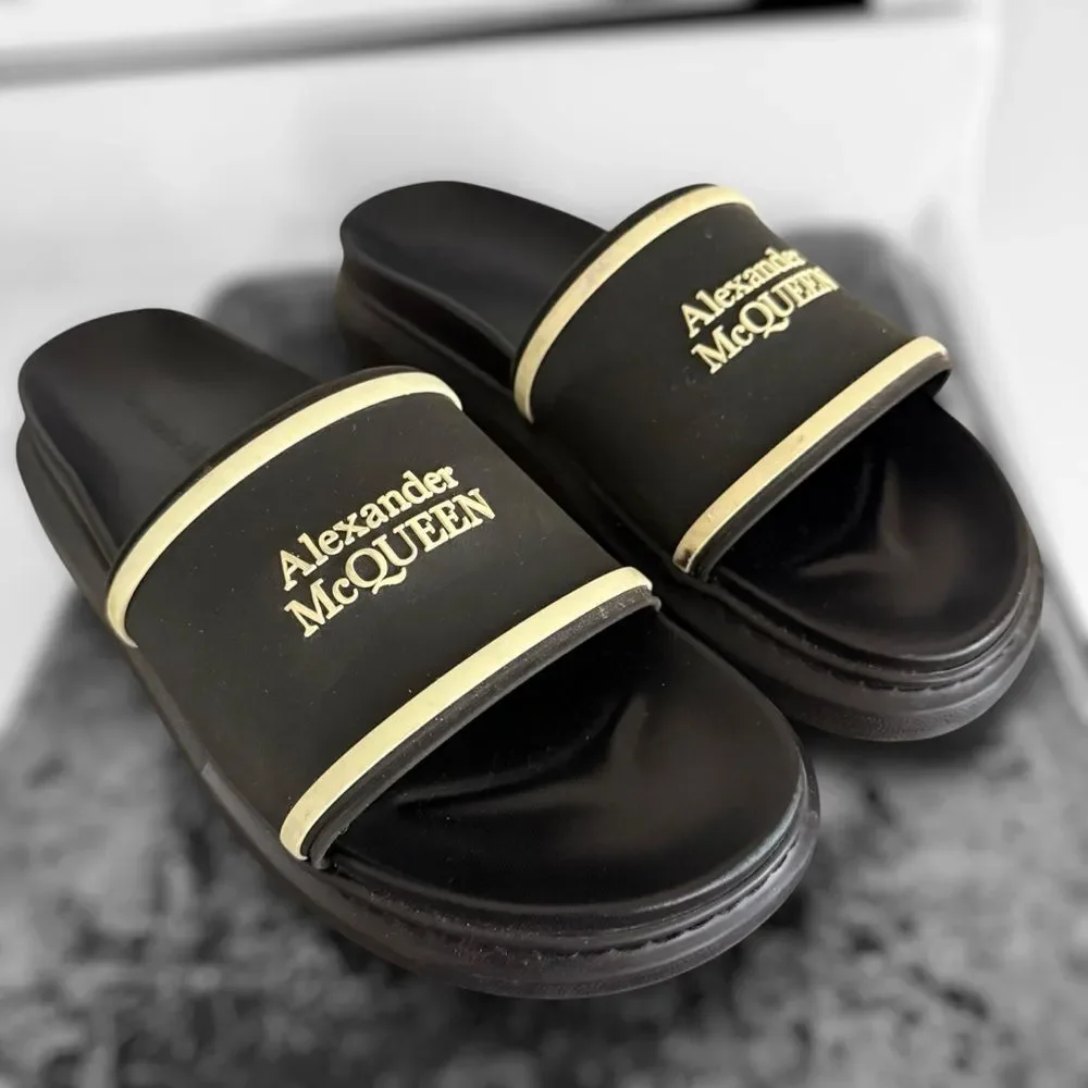 Alexander McQueen Black and Gold Slide Sandals